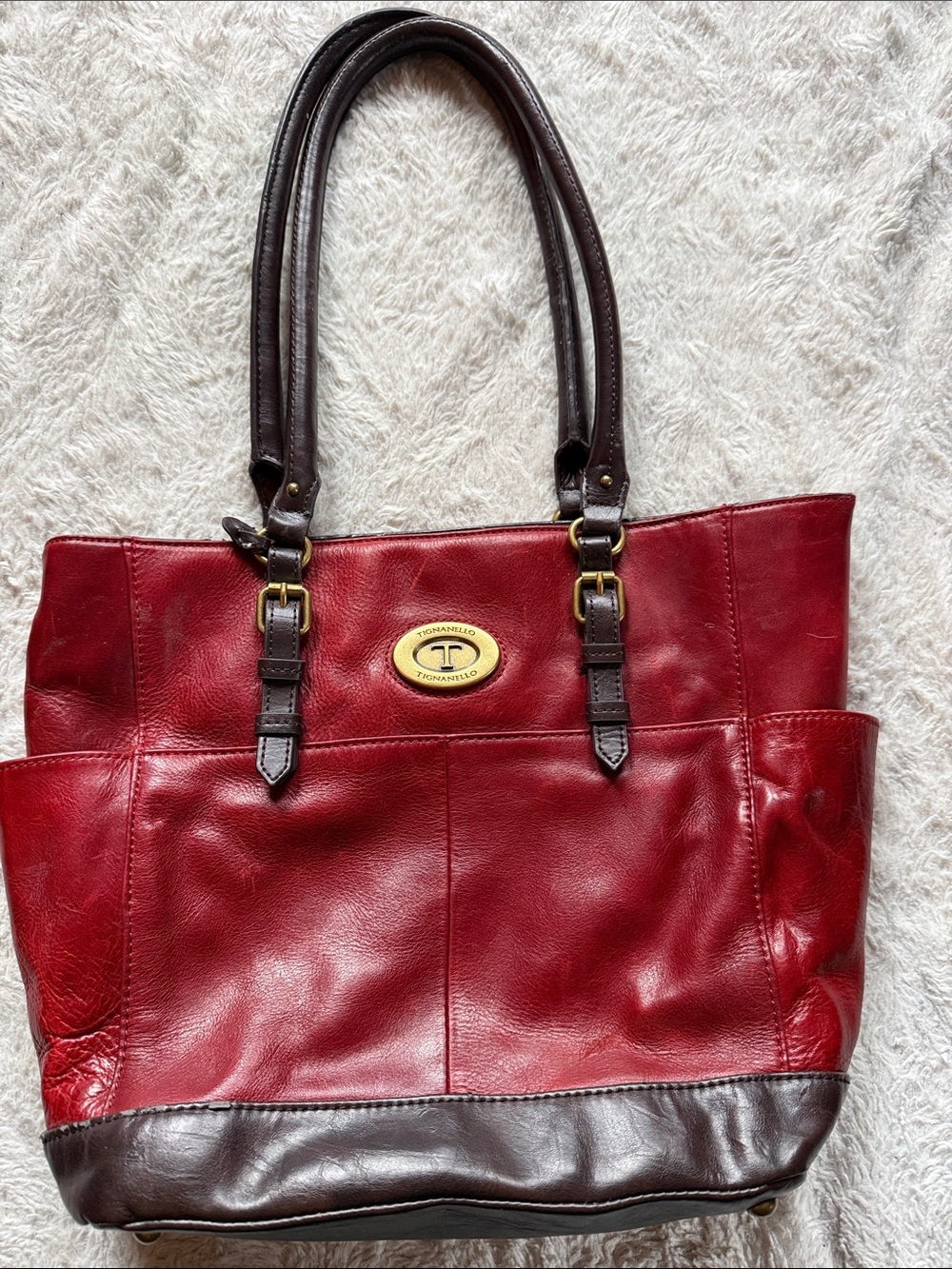 Tignanello Red Leather Tote with Dark Brown Trim and Gold Hardware